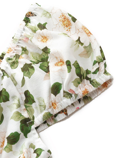 Acetate Blend Floral Print Adjustable Drawstring Neckline Women Maxi Dress