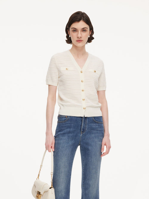 Tencel Blend Pointelle Women V-Neck Cardigan
