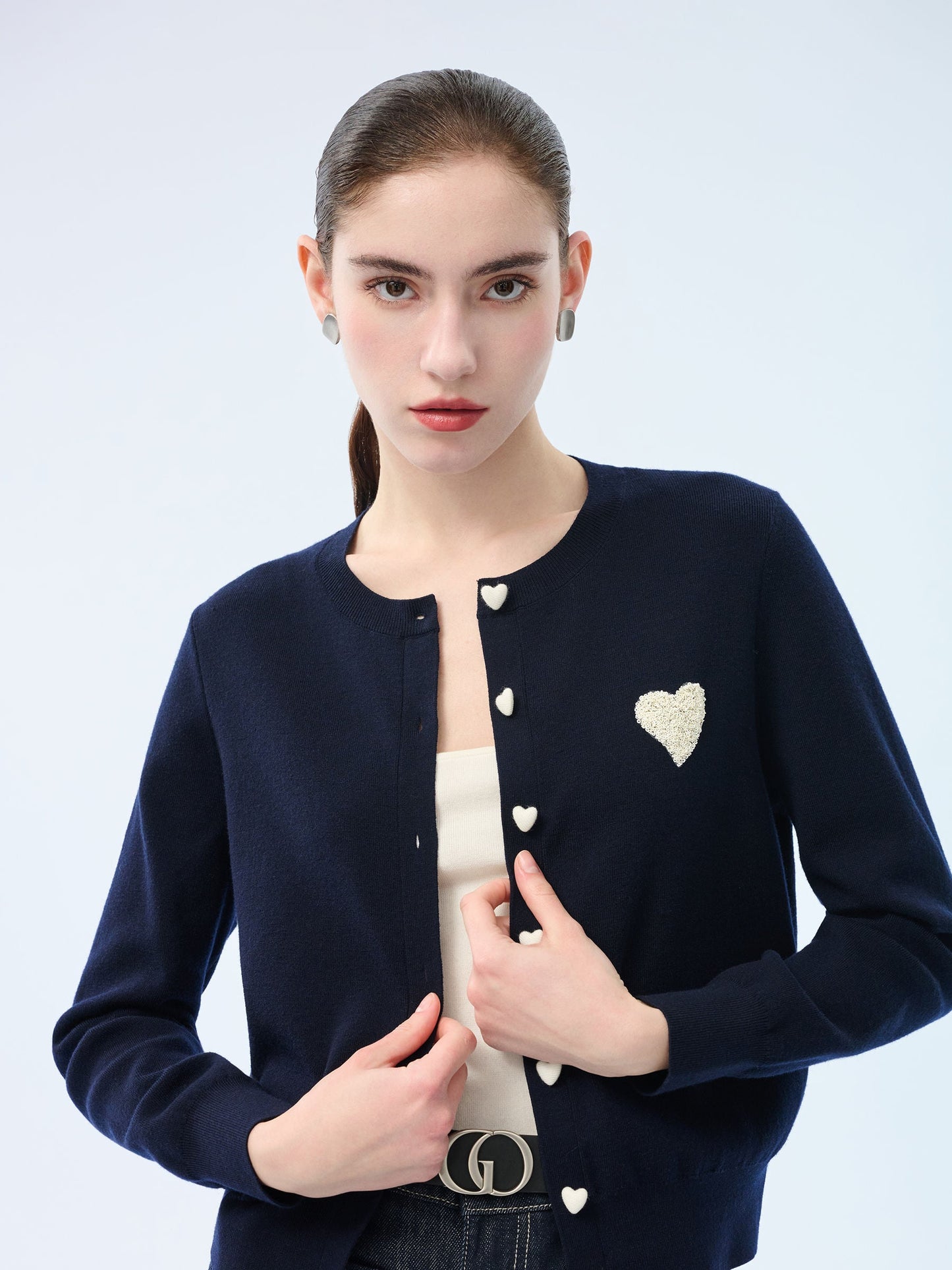 Tencel Wool Blend Heart Print Women Cardigan