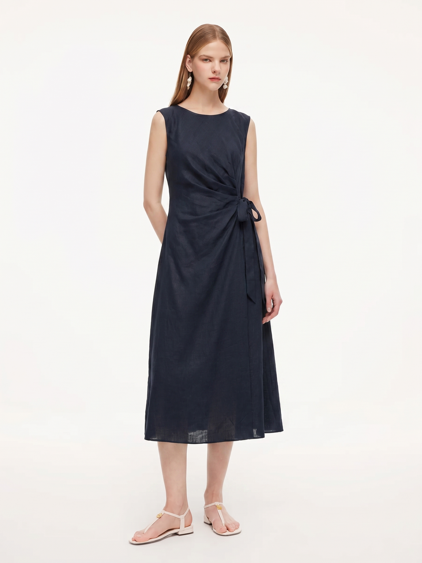 100% Linen Side Tie Women Sleeveless Maxi Dress