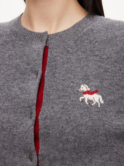 100% Wool Color Block Pony Embroidered Women Cardigan