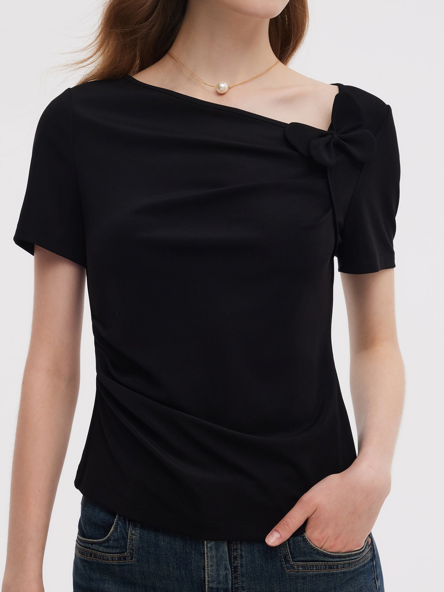 Acetate Blend Asymmetric Neckline Women T-Shirt