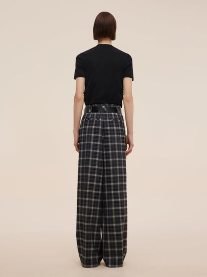 Plaid Loose Wide Leg Women Pants With Leather Belt