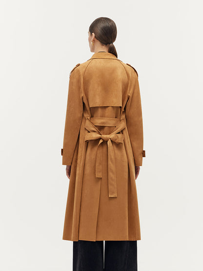 Faux Suede Women Trench Coat With Belt