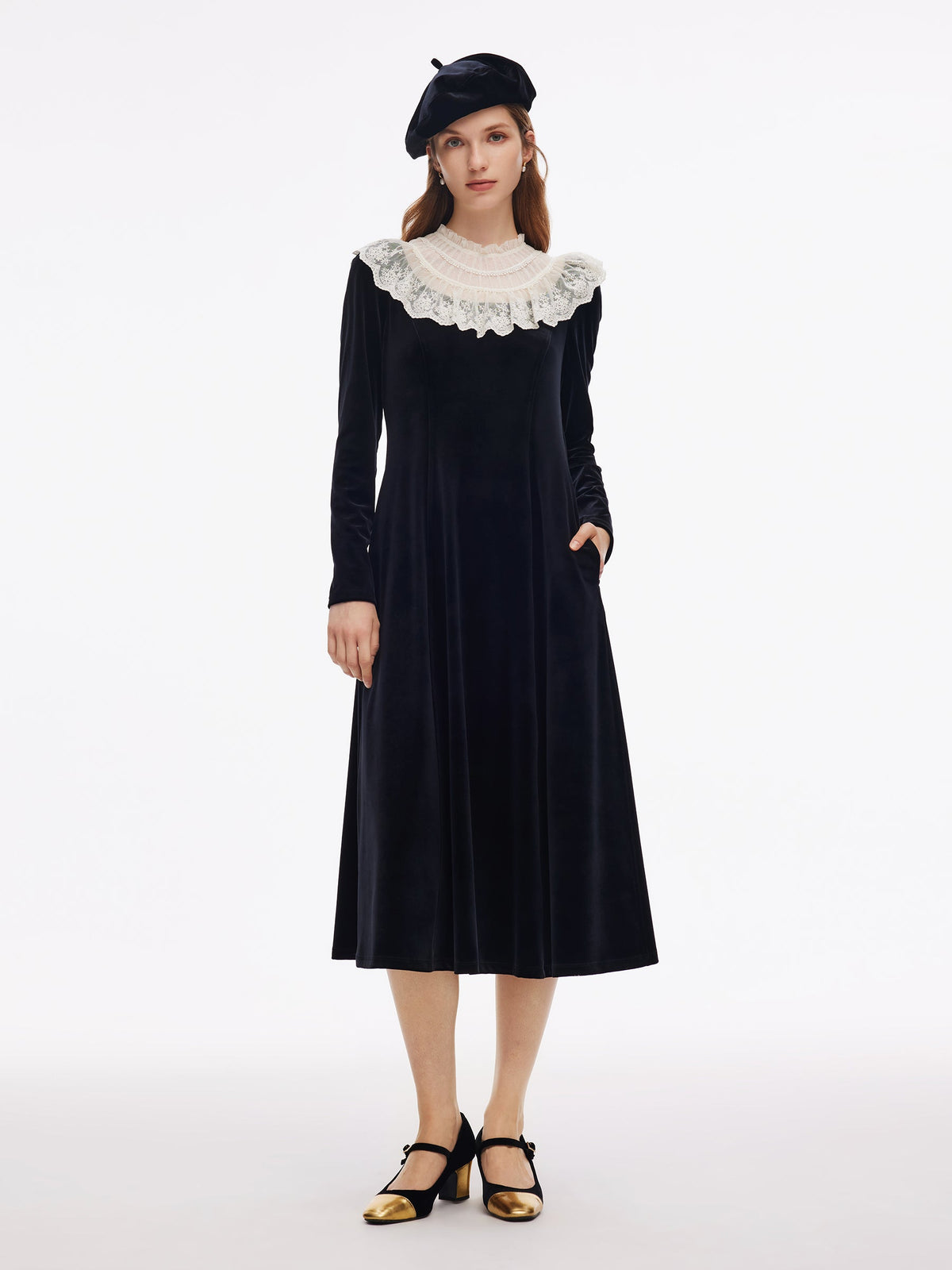 Velvet Sheer Lace Collar Women Midi Dress With Beret