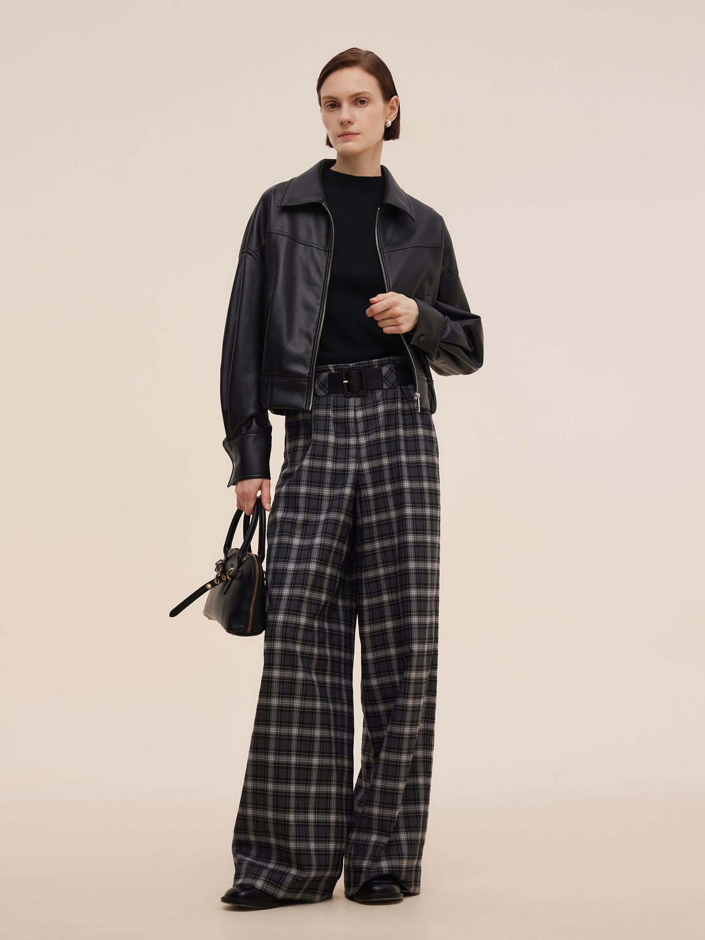 Plaid Loose Wide Leg Women Pants With Leather Belt