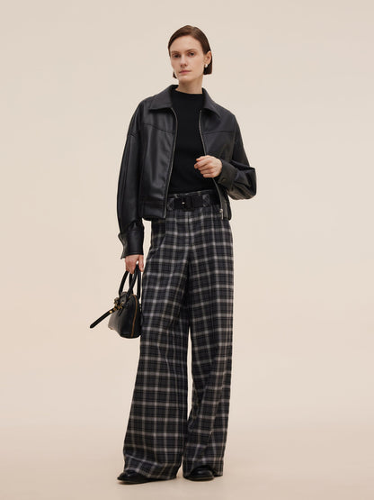 Plaid Loose Wide Leg Women Pants With Leather Belt