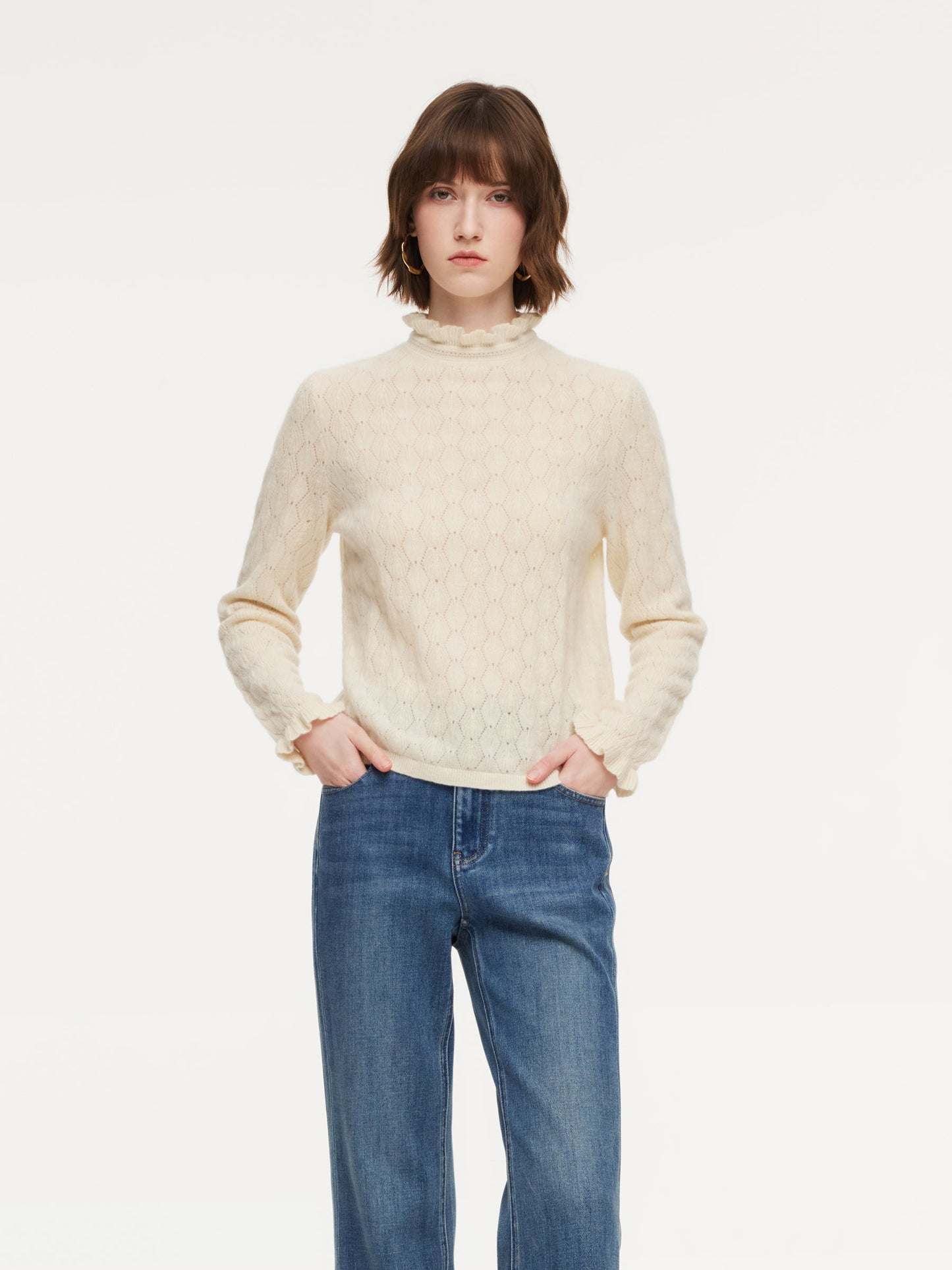 100% Cashmere Ruffle Neck Women Sweater