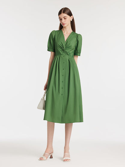 V-Neck Knotted Women Midi Dress