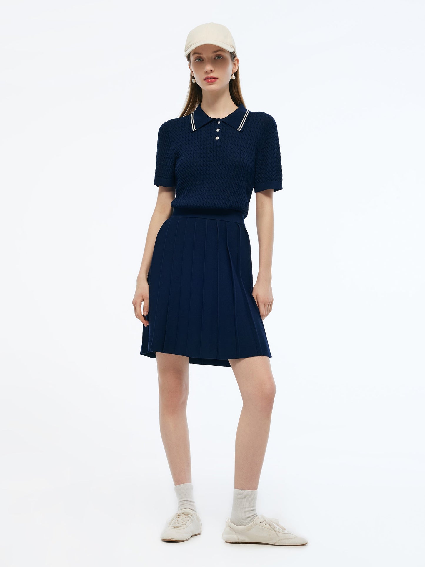 Lyocell Blend Polo Knit Top And Pleated Skirt Two-Piece Set