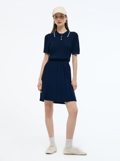 Lyocell Blend Polo Knit Top And Pleated Skirt Two-Piece Set