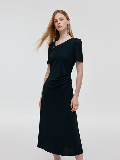 Acetate Asymmetric Neck Women Midi Dress