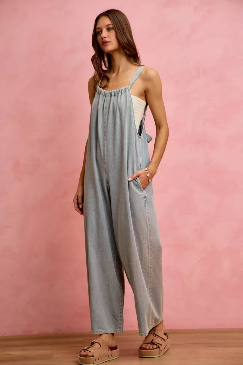 SO ME Wide Leg Lightweight Denim Overalls