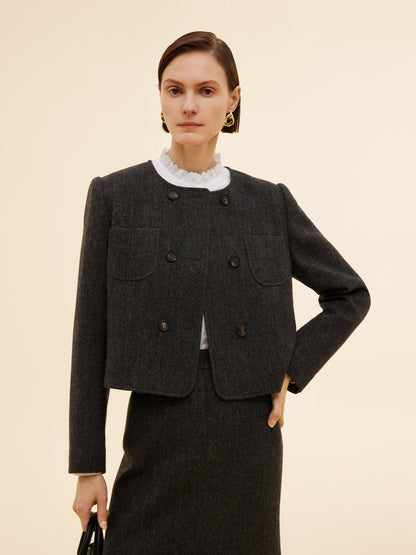 100% Washable Wool Double Breasted Women Crop Jacket