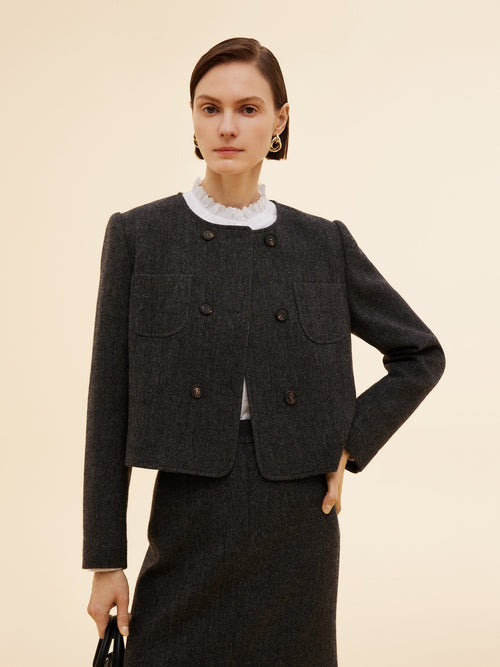 100% Washable Wool Double Breasted Women Crop Jacket