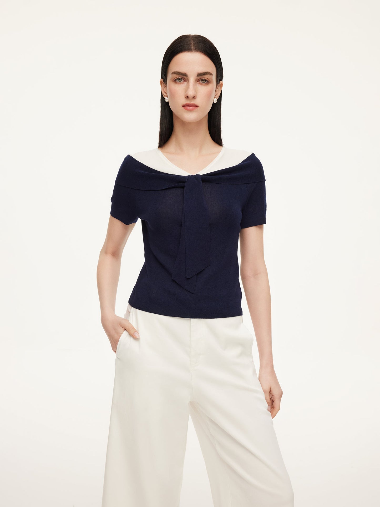 Tencel Blend Color Block Tie Front Women Knit Top