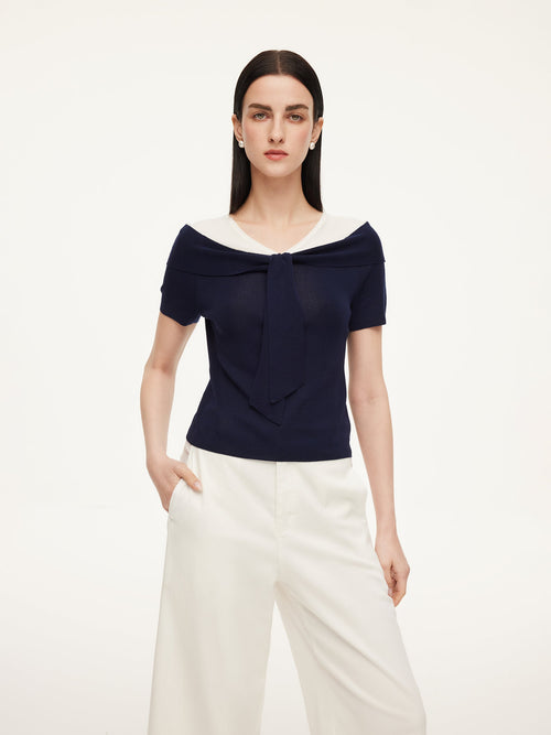 Tencel Blend Color Block Tie Front Women Knit Top