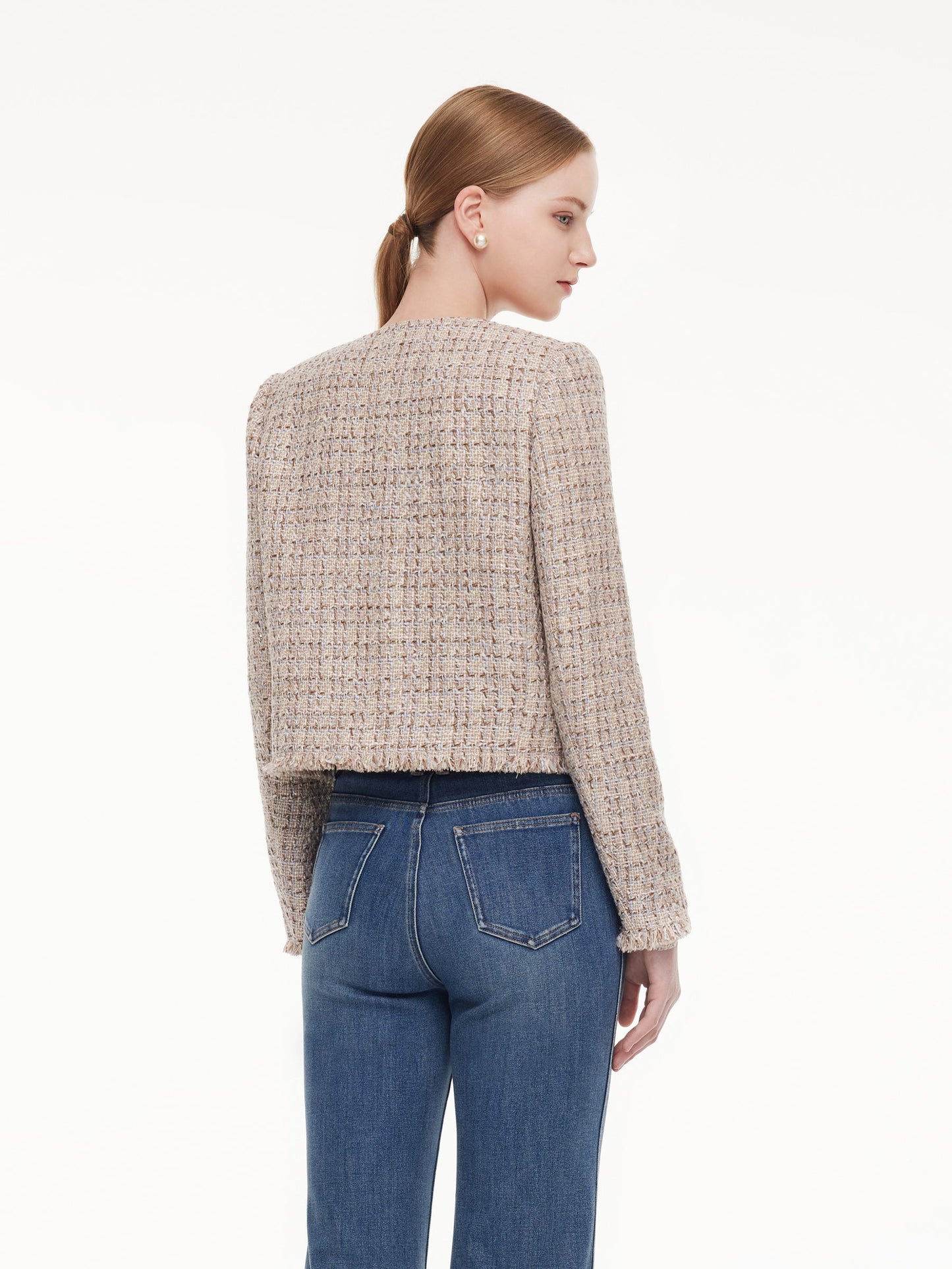 Wool Blend Textured Tweed Frayed Hem Women Jacket