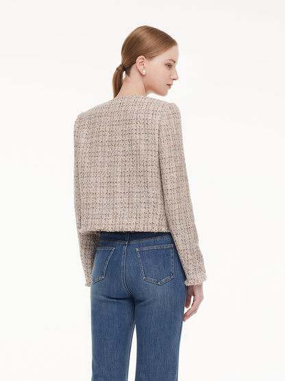 Wool Blend Textured Tweed Frayed Hem Women Jacket