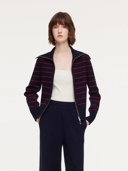 Lyocell Wool Blend Stripe Reversible Zip-Up Women Cardigan