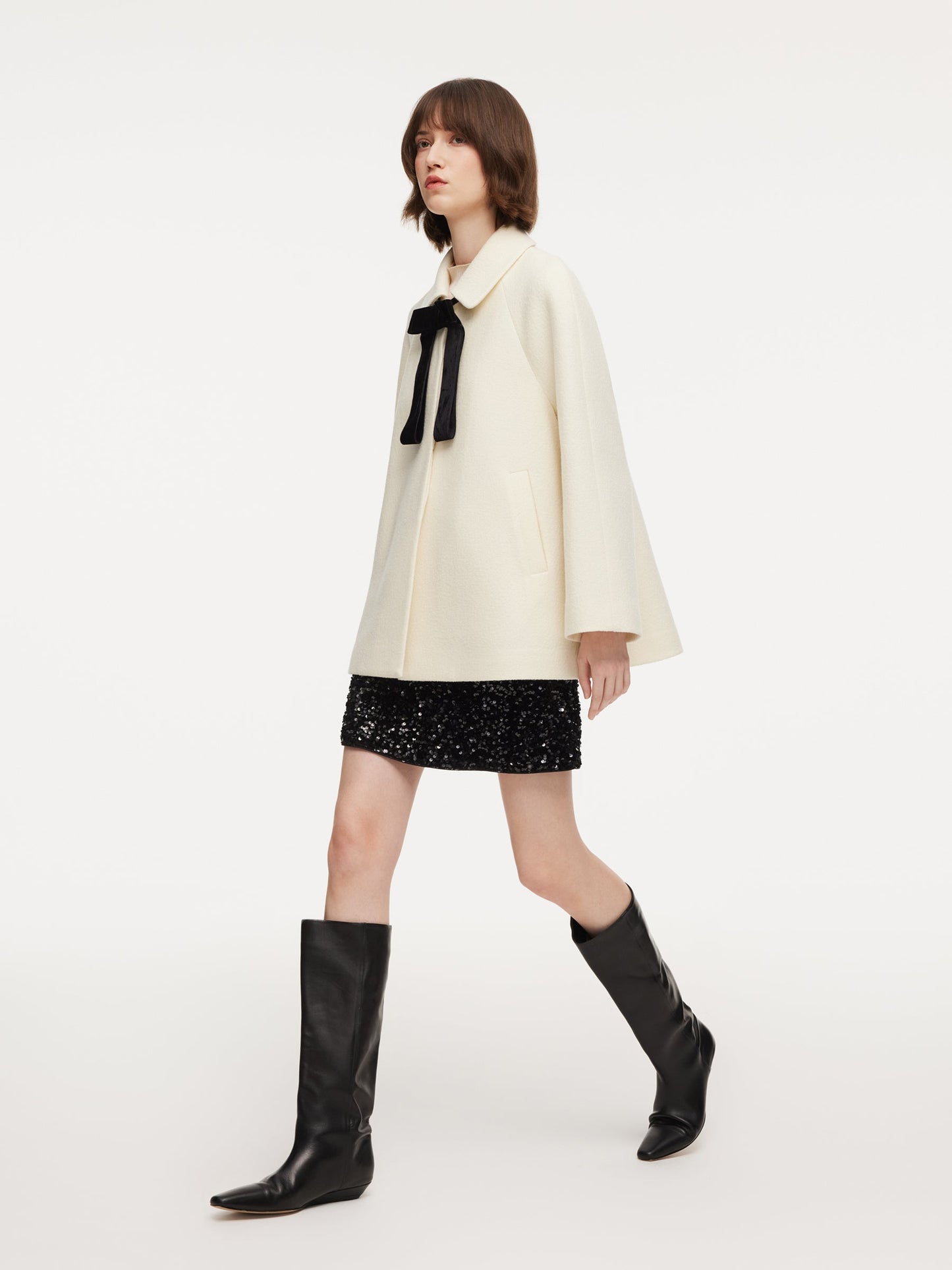100% Wool Women Coat With Detachable Bowknot