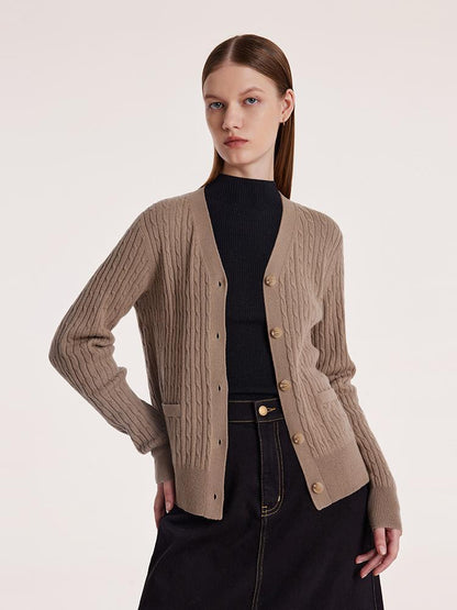 Camel Pure Cashmere V-Neck Cable Knit Women Cardigan
