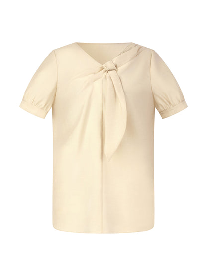Tencel Acetate Linen Blend Tie Neck Women Blouse