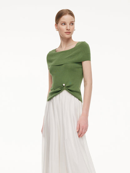 Lyocell Blend Off Shoulder Women Knit Top With Detachable Magnetic Flower