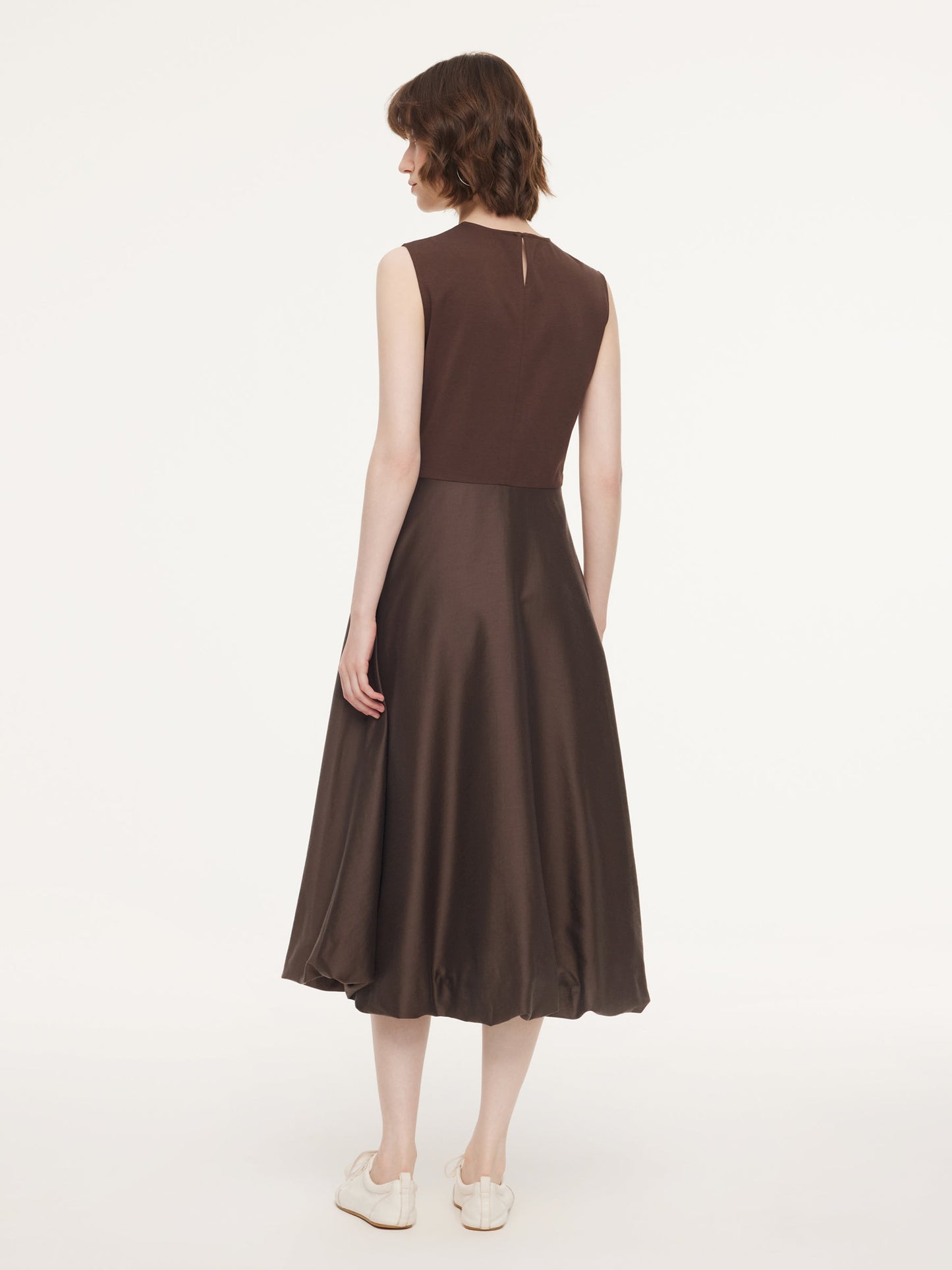 Dark Brown Patchwork Bubble Hem Women Sleeveless Maxi Dress With Bag