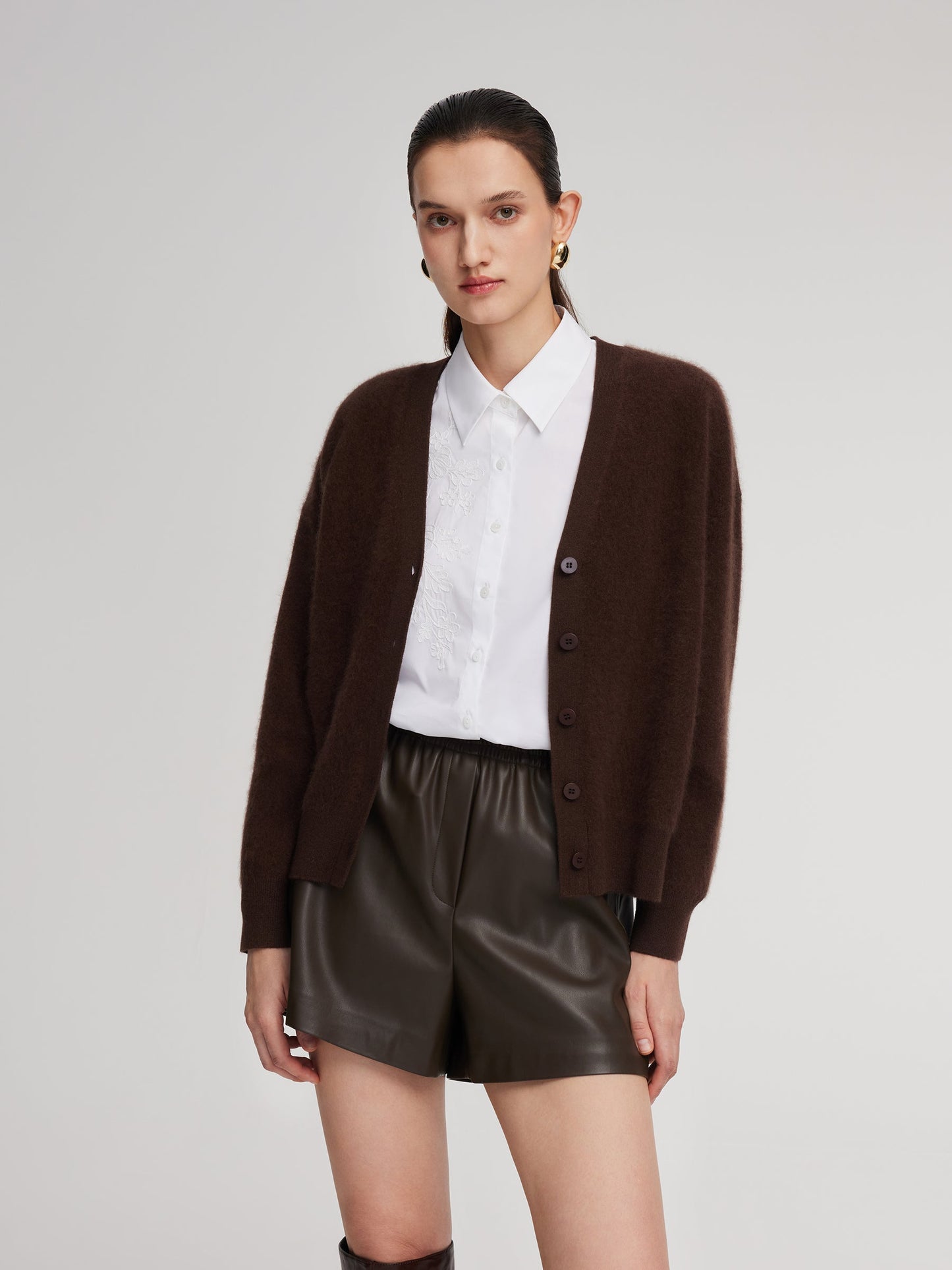 100% Brushed Wool V-Neck Women Cardigan