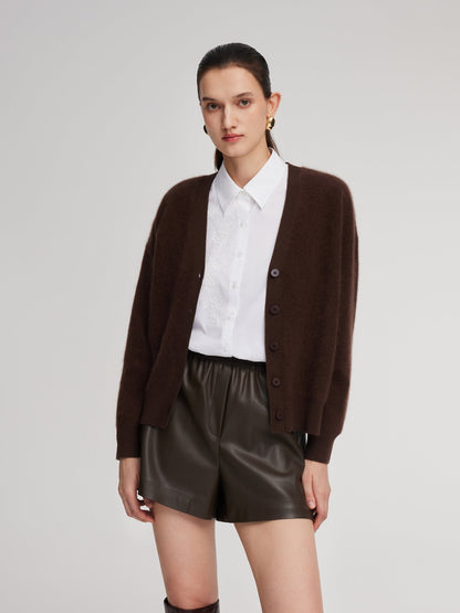 100% Brushed Wool V-Neck Women Cardigan
