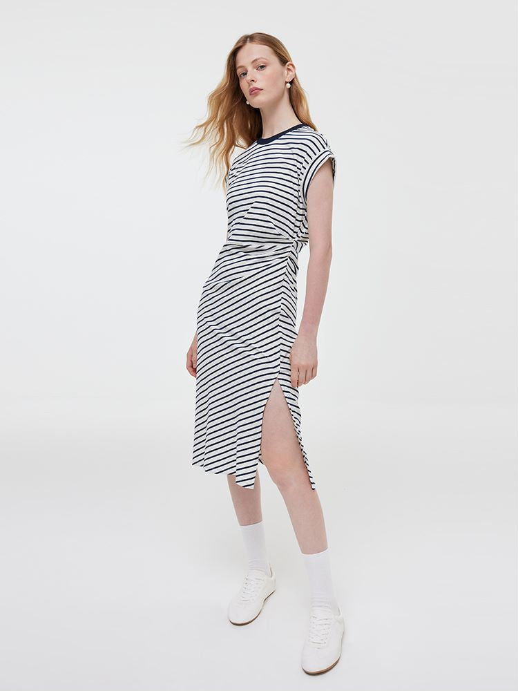 Striped Slit Ruched Women Midi Dress