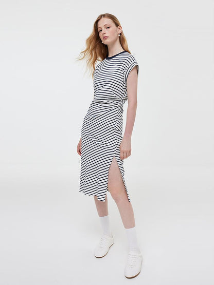 Striped Slit Ruched Women Midi Dress