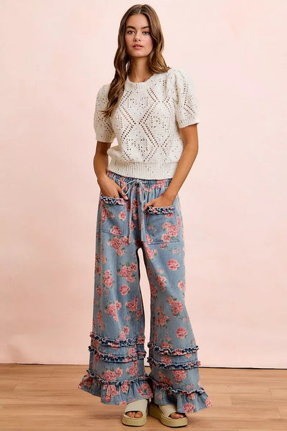 BiBi Washed Floral Denim With Ruffle Elastic Wide Pants