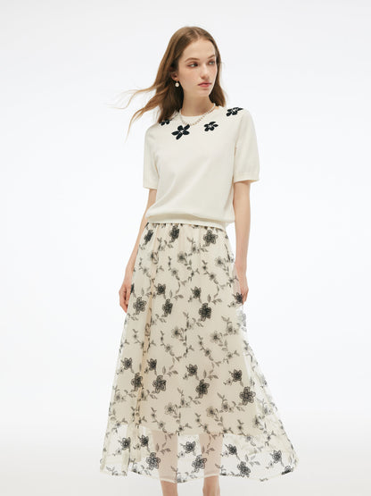 Tencel Blend Floral Jacquard Women Knit Top