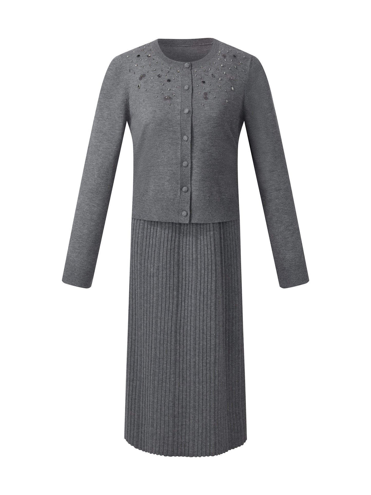 Beaded Sequins Cardigan And Pleated Sleeveless Midi Dress Two-Piece Set