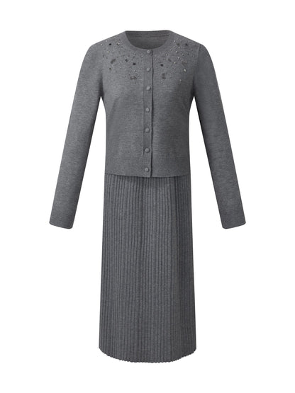 Beaded Sequins Cardigan And Pleated Sleeveless Midi Dress Two-Piece Set