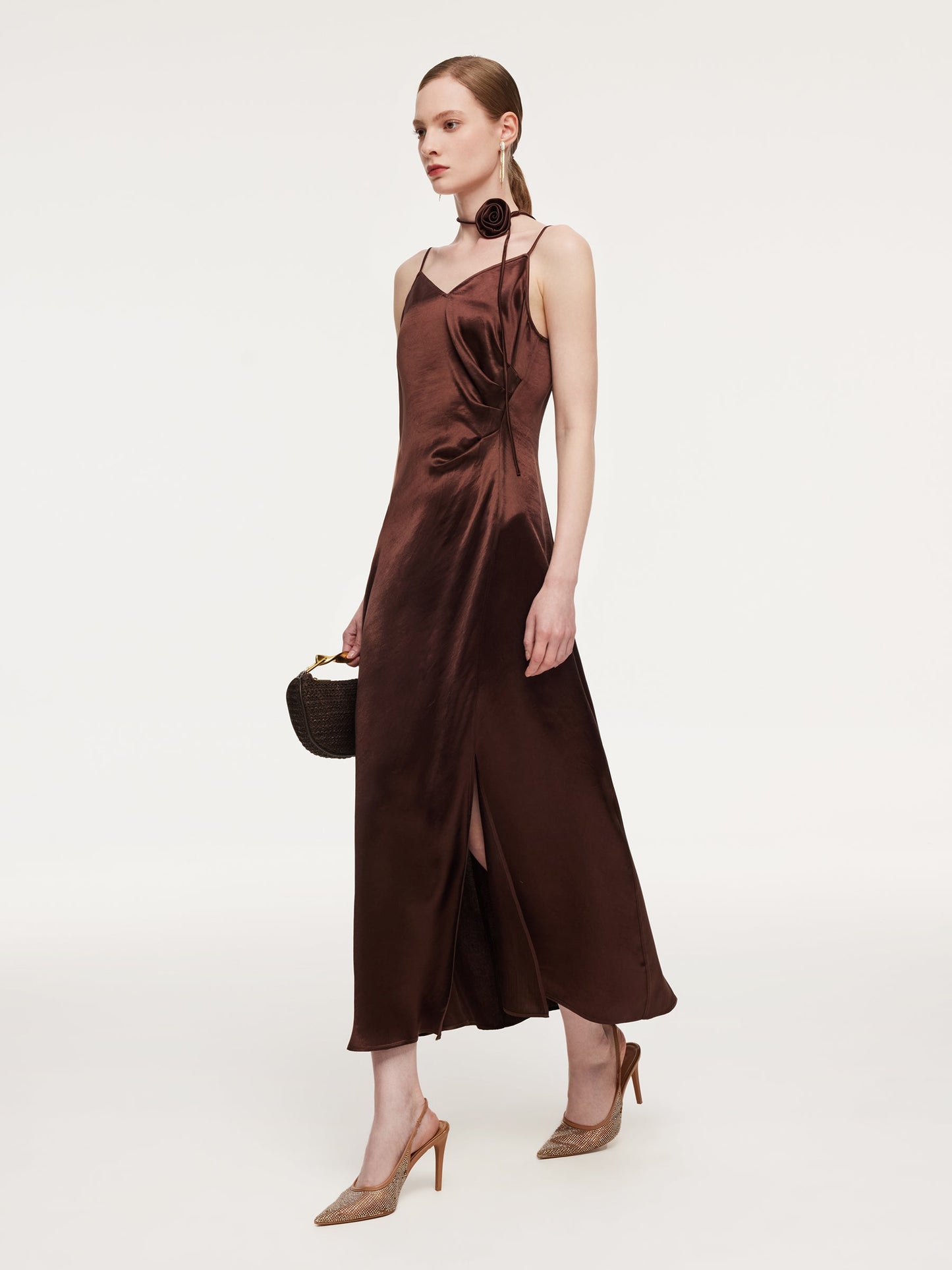100% Acetate Women Strap Maxi Dress With Floral Choker And Eye Mask