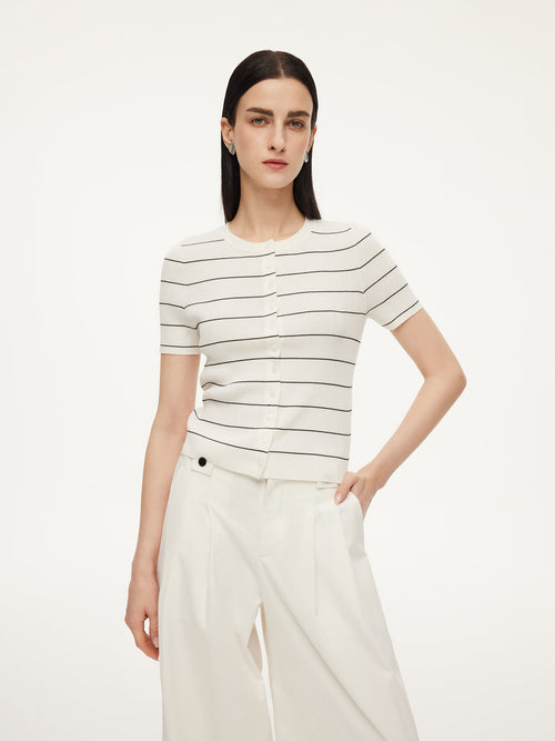 Lyocell Blend Stripe Round Neck Women Cardigan