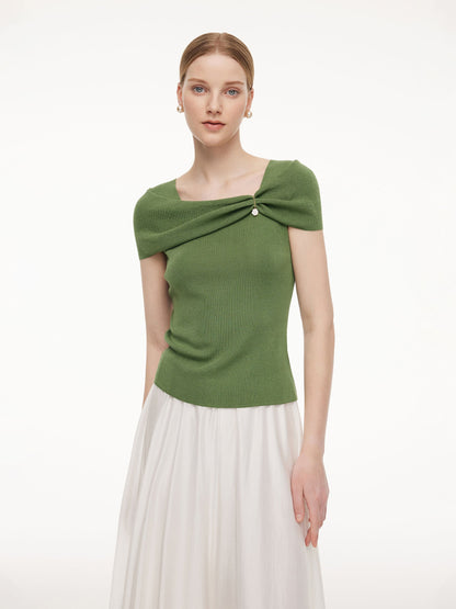 Lyocell Blend Off Shoulder Women Knit Top With Detachable Magnetic Flower