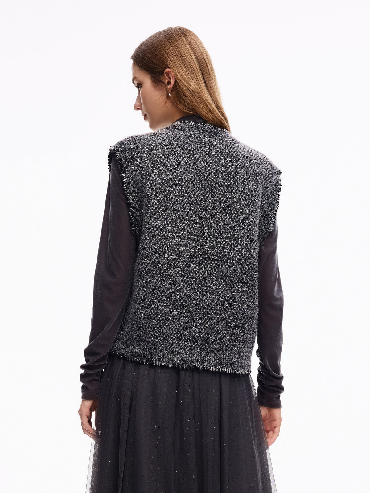 Frayed Trim Sequins Women Vest