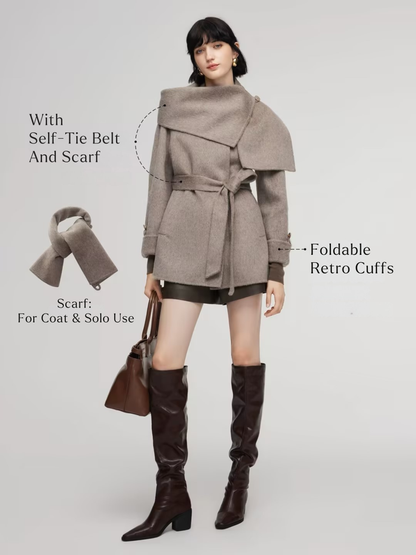 Alpaca Wool Blend Double-Faced Women Wrap Coat With Scarf