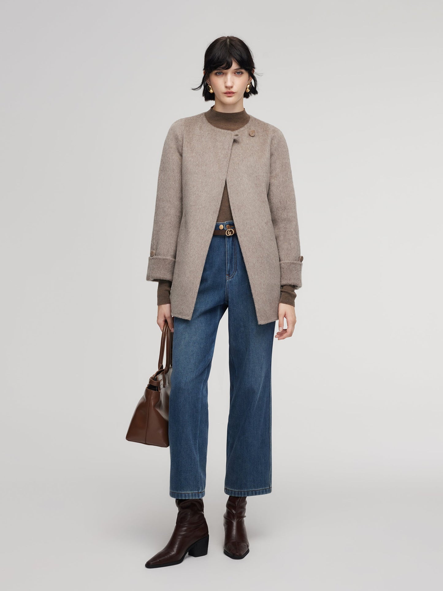 Alpaca Wool Blend Double-Faced Women Wrap Coat With Scarf