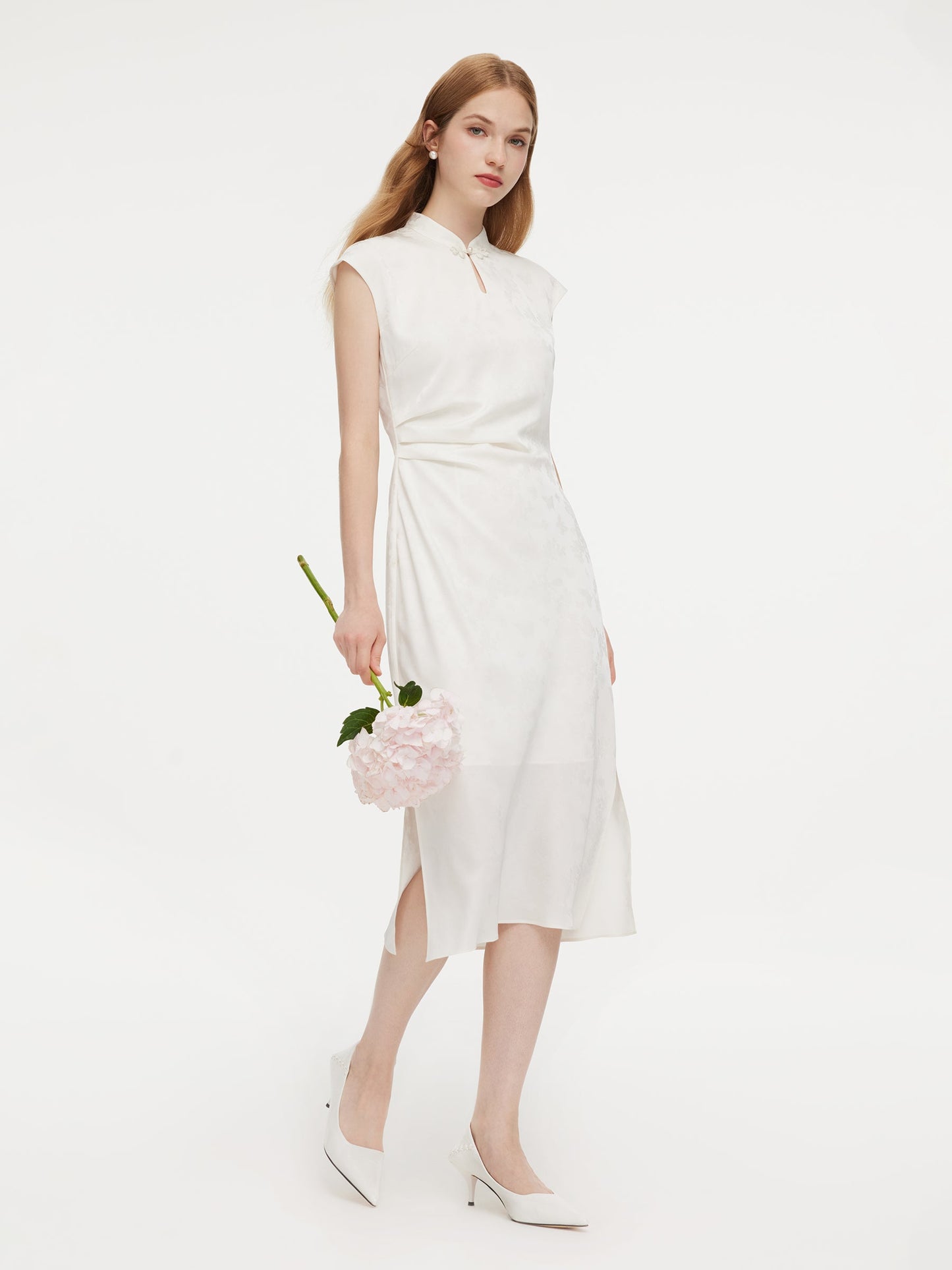 Jacquard Ruched Waist Women Qipao Maxi Dress
