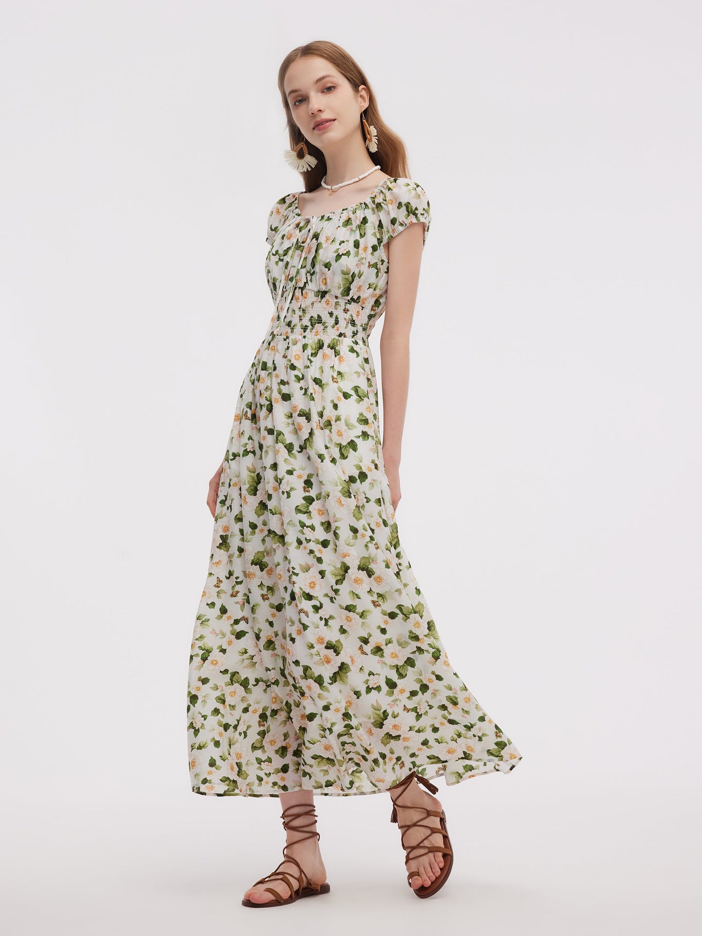 Acetate Blend Floral Print Adjustable Drawstring Neckline Women Maxi Dress