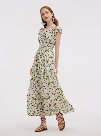 Acetate Blend Floral Print Adjustable Drawstring Neckline Women Maxi Dress
