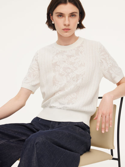 Lace Jacquard Round Neck Women Knit Top