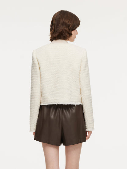 Tweed Round Neck Frayed Hem Women Cropped Jacket