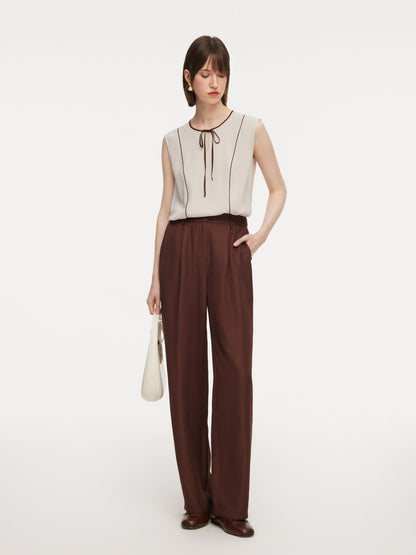Acetate Blend Tie Front Contrast Trim Women Tank Top