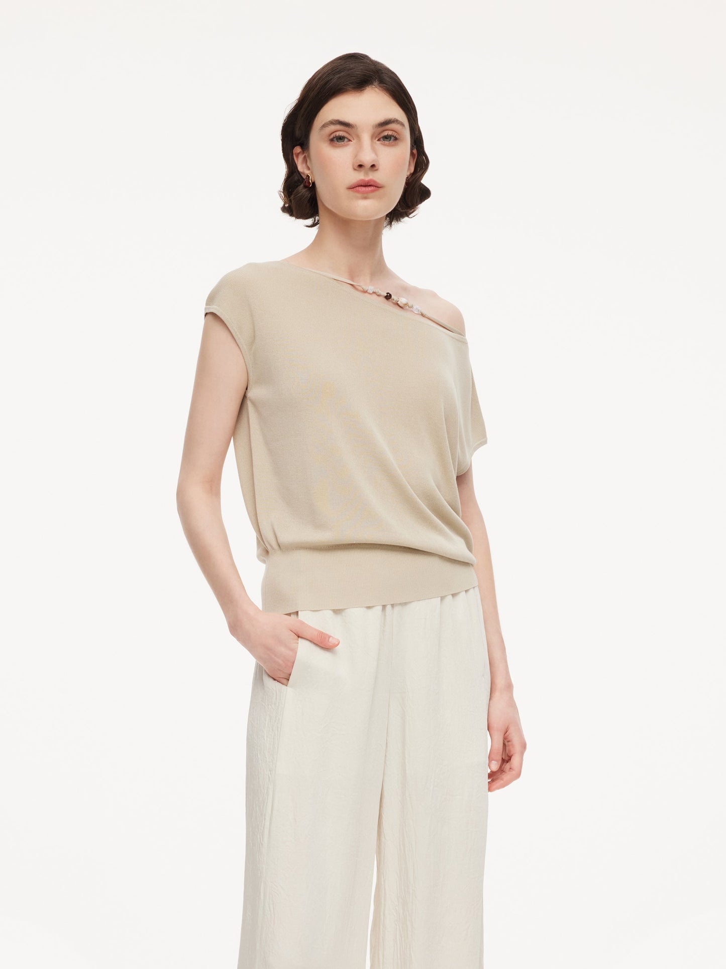 Tencel Mulberry Silk Blend Women Knit Top With Detachable Necklace